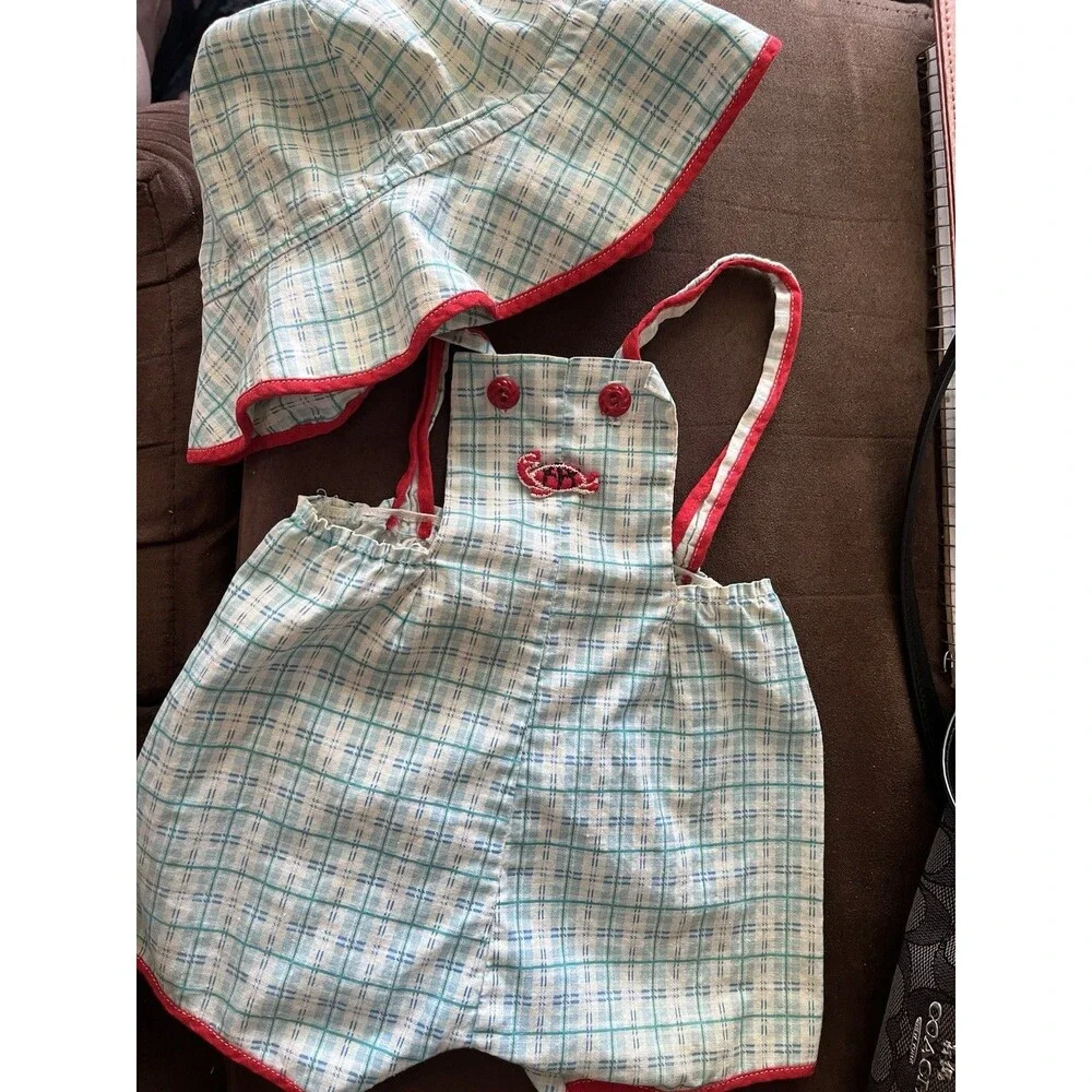Vintage 1970s baby doll romper. Blue and white plaid.